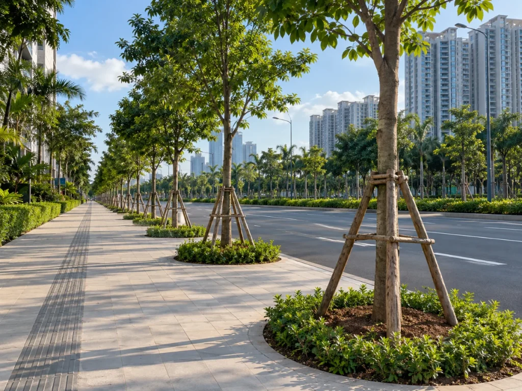 Cây xanh đường phố mới trồng có cọc chống
